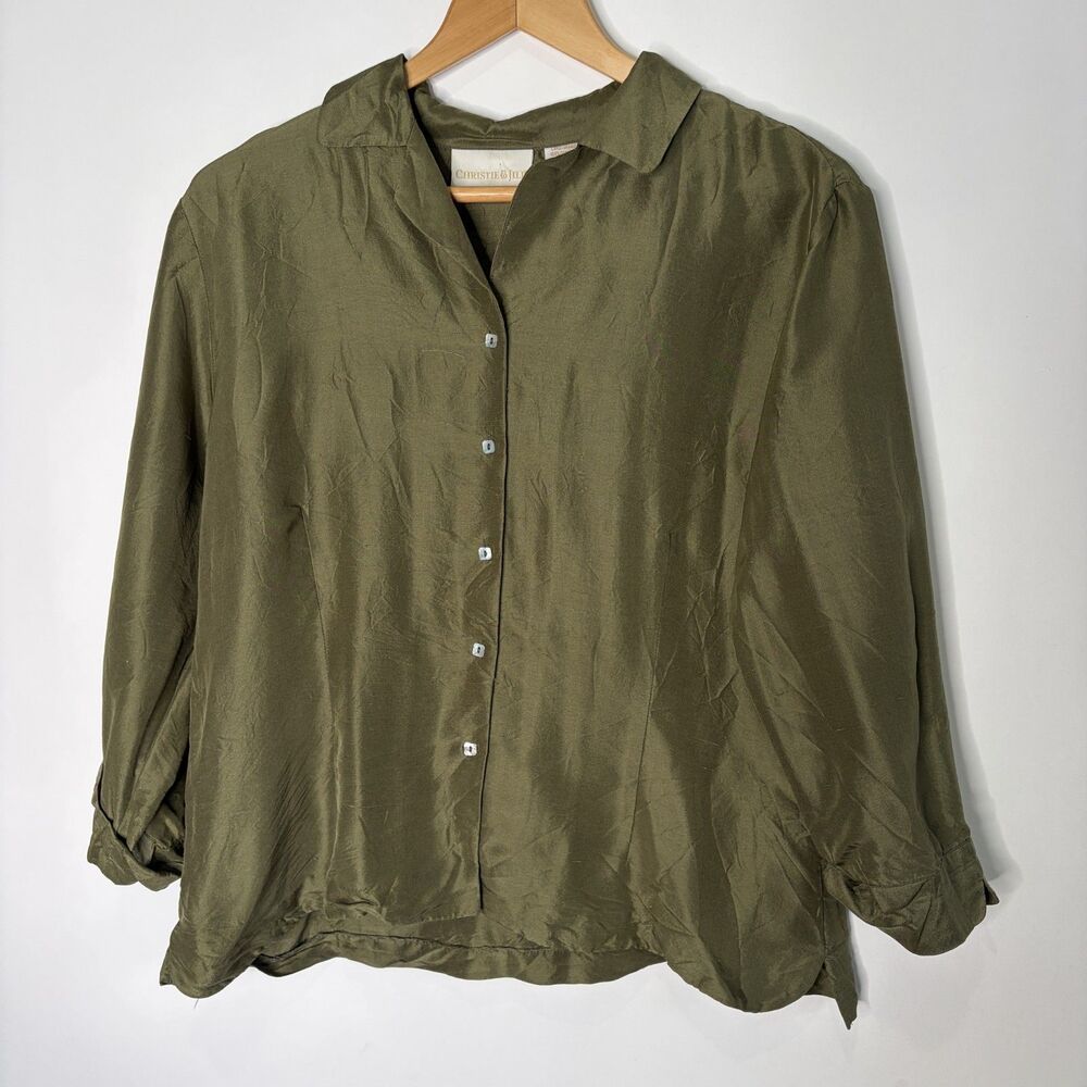 Vintage Christie & Jill Silk Blouse 3/4 Length Sleeve Crop Olive Green Women L